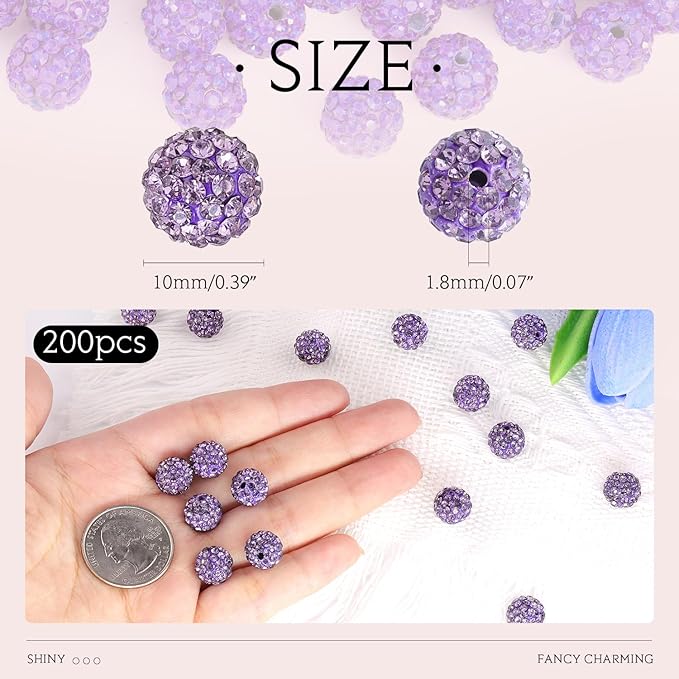 200pcs 10mm Purple Rhinestone Beads for Jewelry Making, Shiny Round Shamballa Disco Ball Beads Bulk, Sparkle Crystal Clay Christmas for Bracelet Baseball Necklace Earring Crafting and DIY