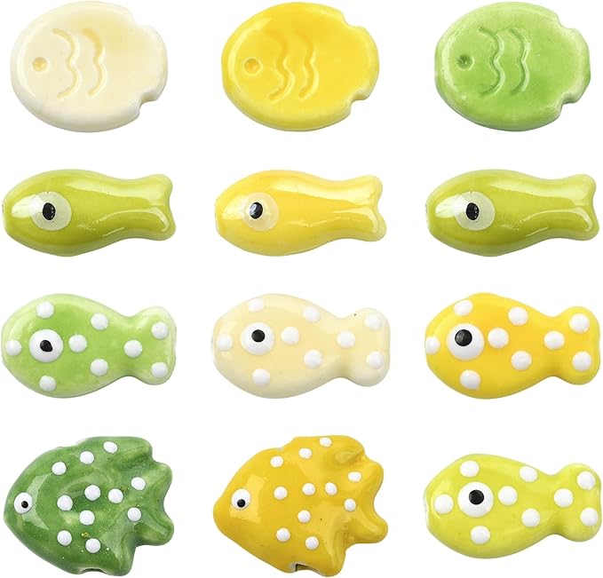 12Pcs Fish Ceramic Porcelain Beads for Jewelry Making 11 Styles Yellow Ocean Sea Beach Animal Spacer Beads for DIY Necklaces Earrings Bracelets Keychains Jewelry Findings Accessories