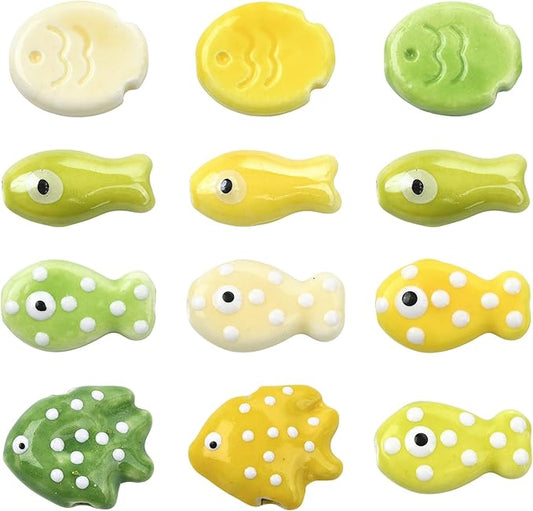 12Pcs Fish Ceramic Porcelain Beads for Jewelry Making 11 Styles Yellow Ocean Sea Beach Animal Spacer Beads for DIY Necklaces Earrings Bracelets Keychains Jewelry Findings Accessories