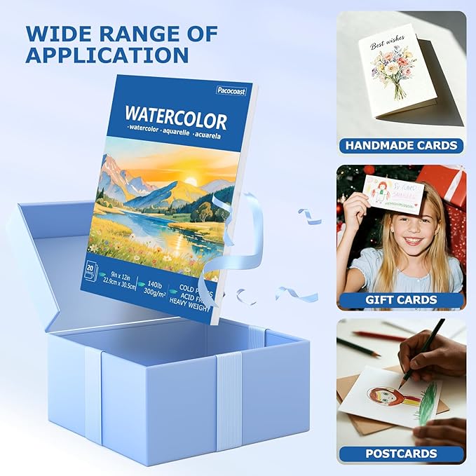 Pacocoast Watercolor Paper Pads, 9"X12" (300gsm/140lb) Cold Press Water Color Sketchbook, 20 Sheets. Perfect for Wet & Dry Media, Painting, Drawing. Ideal Art Supplies for Adults, Blue