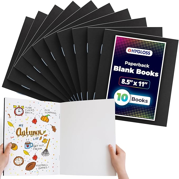 hygloss blank books - bulk 10 pack – 8.5" x 11" a4 black paperback blank books for kids to write stories, doodle, arts & crafts – plain drawing sketchbook, unlined journal, notebook without lines
