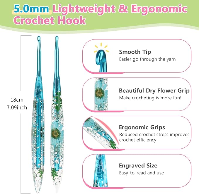 Katech 5mm Crochet Hooks with Floral Pattern-Elegant &Unique Crochet Needles-Longer Smooth Glide Crocheting Hook for Arthritic Hands, Beginners & Professional Ideal Crochet Gift(H)