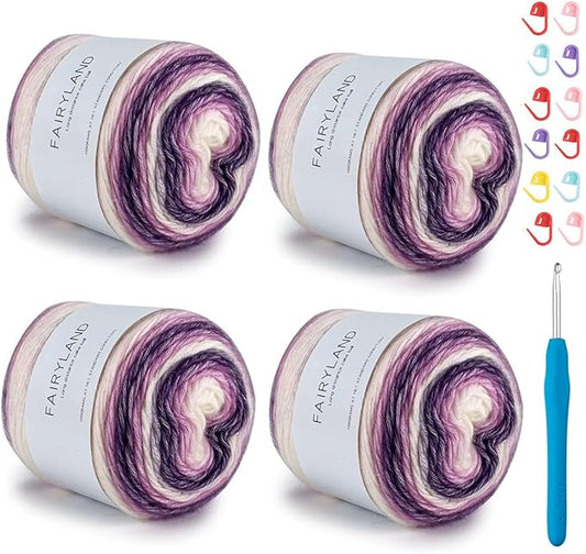Yarn for Crocheting-Gradient Cake Yarn Ombré Yarn with Vibrant Colors-4x100g 60% Cotton 30% Acrylic 10% Wool,Colorful Soft Rainbow Cotton Crochet Yarn Perfect for Shawls,Scarves,Sweater and Blanket