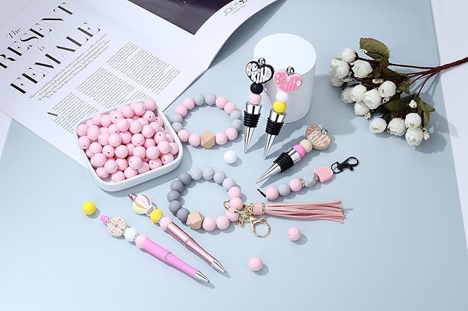 MAIBAOTA 120 Pcs Light Pink Silicone Beads 15 mm for Keychain/Pens/Bracelet/Necklace Making - Focal Loose Rubber Round Beads Bulk for Craft Making (With Boxed Kits)