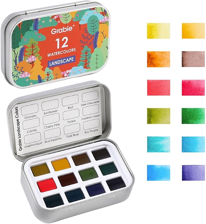 Grabie Pocket Watercolor Set of 12, Travel Watercolor Paint Set, Watercolor Paints, Art Supplies for Painting, Great Watercolor Set for Artists, Amateur Hobbyists and Painting (Landscape Colors)