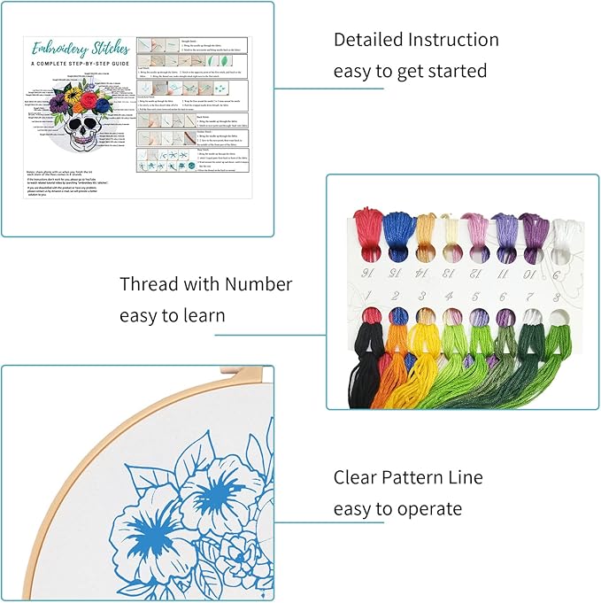 Nuberlic 3 Pack Halloween Skull Embroidery Kit for Adults Beginner Cross Stitch Kits for Starters with Skull Patterns Include 3 Hoop Cloth Thread Needles and Instructions