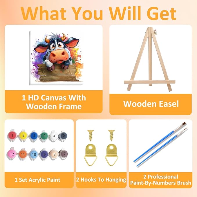 Paint by Numbers Kit for Kids with Frame, Cow Paint by Numbers for Kids Ages 4-8-12, DIY Cow Acrylic Oil Painting for Home Wall Art Decor Gift 7.8x7.8 inch (with Frame Easel)