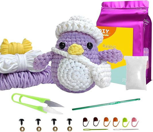 Wadukud Purple Penguin Crochet Kit for Beginners, DIY Crochet Animal Kit for Adults, Crochet Starter Kit with Step-by-Step Video Tutorials, Easter Basket Stuffers Easter Craft Gifts for Girl Kids