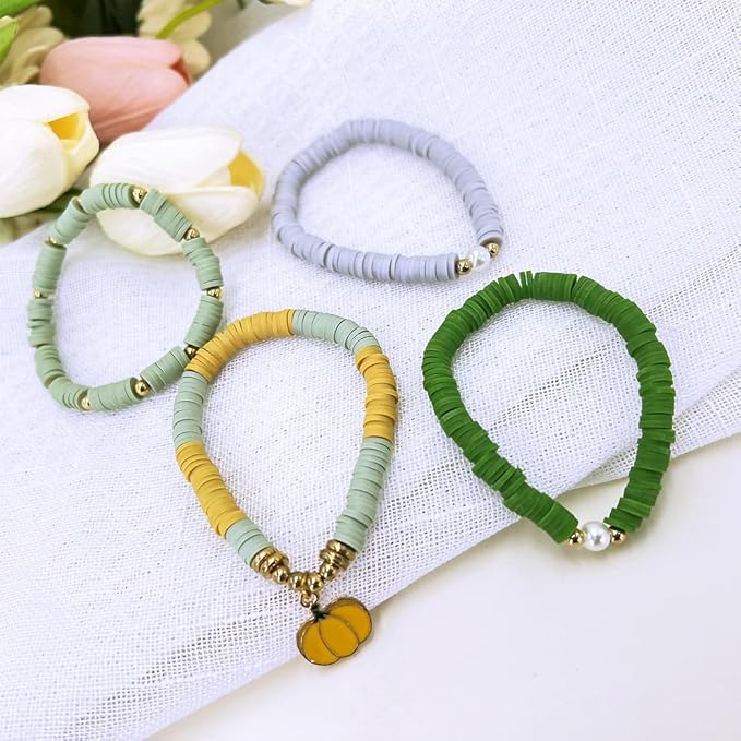 10 Strands Clay Bead, Heishi Beads for Bracelet Stack, Earth Tone Clay Beads for Adults, Flat Beads Kit for Friendship Bracelets, Neutral Beads Bracelet Making Kit(Sage Green)