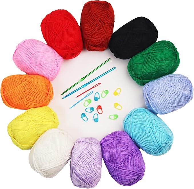 SUNTQ 12x50g Large Acrylic Yarn Skeins, 28 PCS Crochet Yarn Kit in 12 Assorted Colors Bundle, 1200 Yards Yarn Balls, 2 Hooks, 2 Needles, 10 Stitch Markers, Ideal Starter Pack for Crochet & Knitting