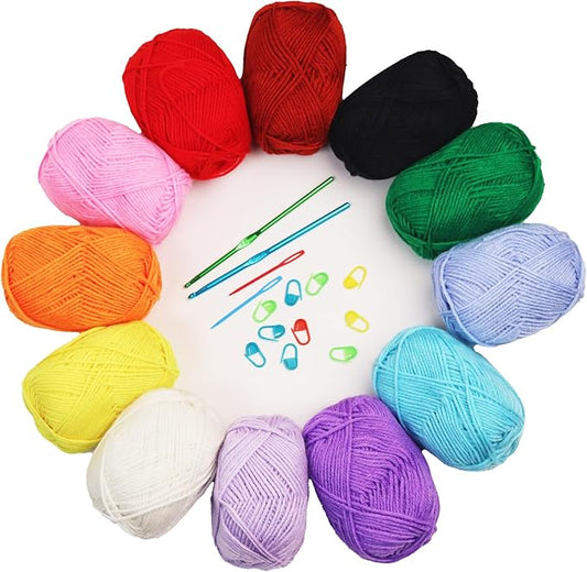 SUNTQ 12x50g Large Acrylic Yarn Skeins, 28 PCS Crochet Yarn Kit in 12 Assorted Colors Bundle, 1200 Yards Yarn Balls, 2 Hooks, 2 Needles, 10 Stitch Markers, Ideal Starter Pack for Crochet & Knitting