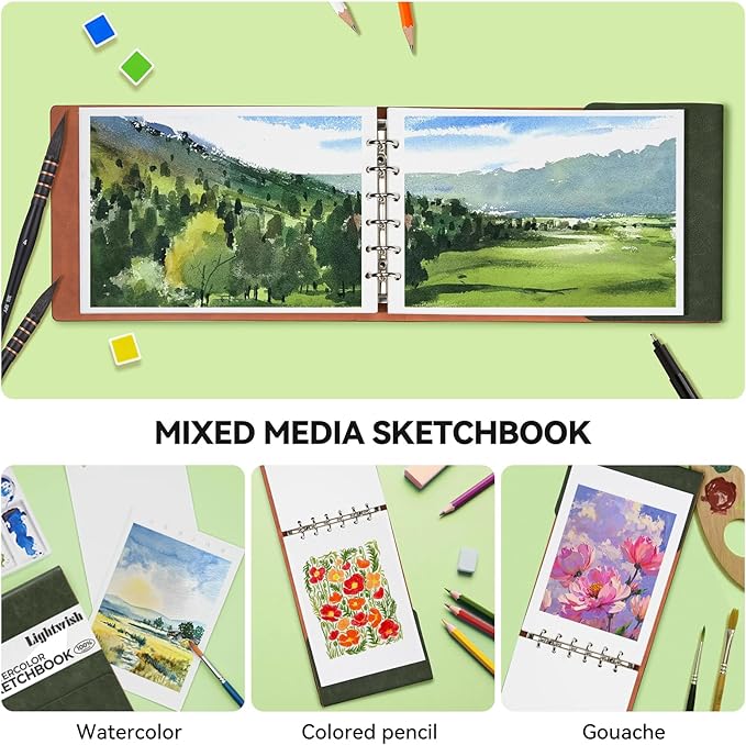 Lightwish Watercolor Sketchbook,100% Cotton 300gsm/140lb Watercolor Journal, Acid Free Hot Press Watercolor Paper for Artists,Adults,Students,20 Sheets,Paper 5.8 * 8.2 Inches