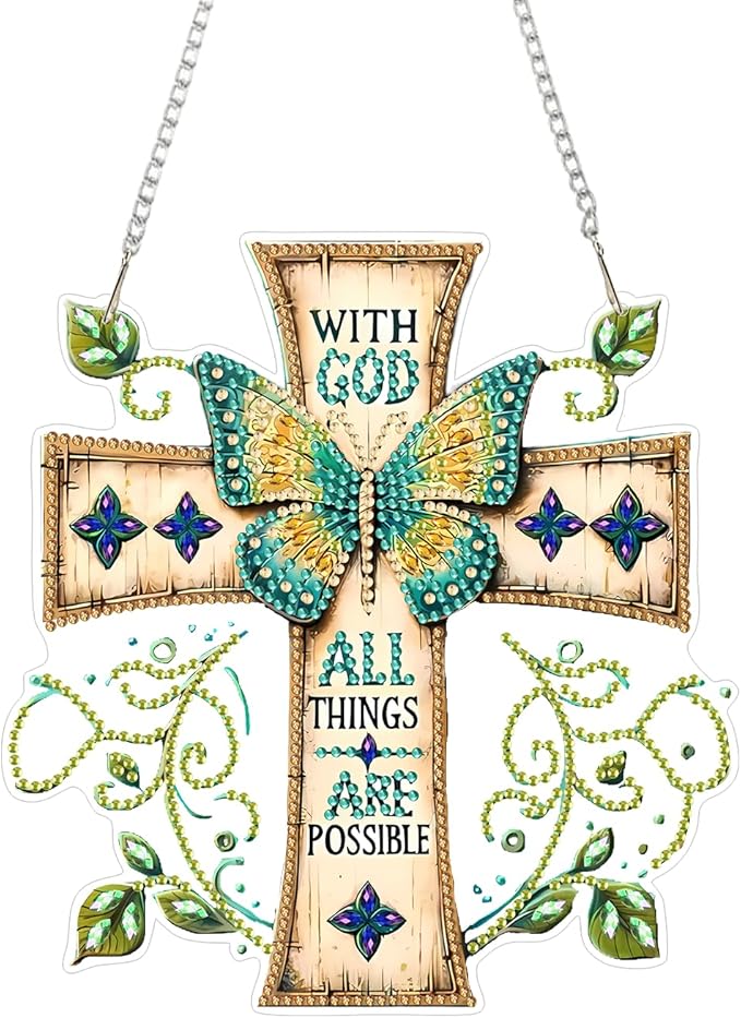 RYMILIE Diamond Art Hanging Kits for Adults, Cross Special Shaped Diamond Painting,Double Sided 5D DIY Acrylic Diamond Art Painting Window Pendants Home Garden Wall Hanging Kits Butterfly Ornament.