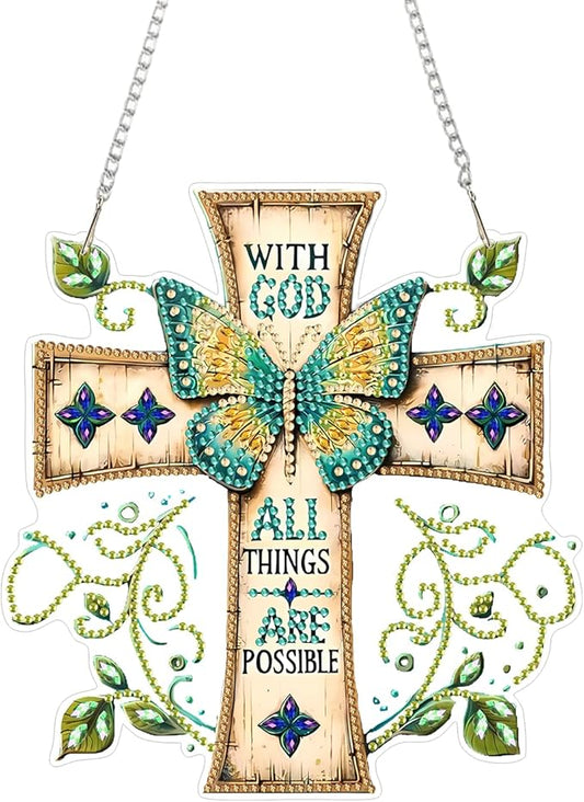 RYMILIE Diamond Art Hanging Kits for Adults, Cross Special Shaped Diamond Painting,Double Sided 5D DIY Acrylic Diamond Art Painting Window Pendants Home Garden Wall Hanging Kits Butterfly Ornament.