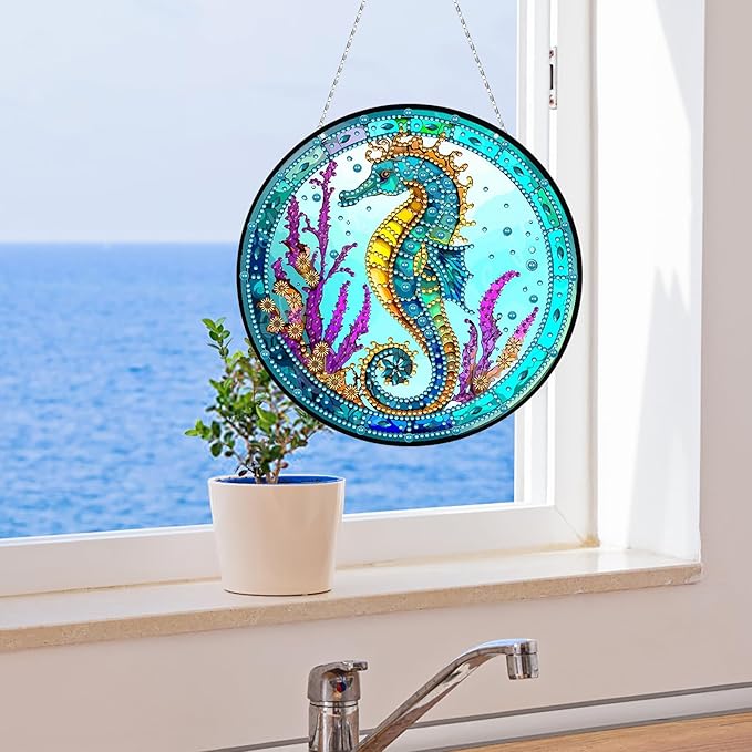 Generic DIY Hanging Diamond Pendant Special Shaped Crystal Diamond Art Painting Ornament Single Sided for Window Home Garden Wall Door Decor-Seahorse