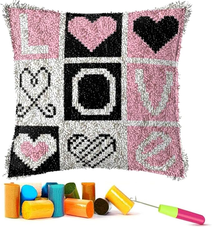 EMISTEM Latch Hook Kits for Adults - Latch Hook Pillow Kits, Crochet Yarn Kit for Beginners, DIY Needlework Crafts Cover Case with Printed Canvas, Gift Packaging. (Love Words,17x17 inch)
