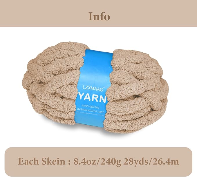 Chunky Yarn for Hand Knitting and Blankets – Super Soft Jumbo Chenille Yarn Pack for Crocheting, Bulky DIY Projects, 8 Skeins(Khaki)