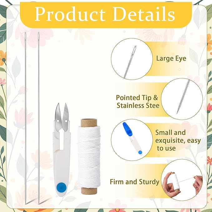 Kaiolbly 9 Pcs Lei Needle Kit, 4 Pcs 14 Inch Stainless Steel Long Lei Needle to Make Hawaiian Leis 4 Lei String 1 Sewing Scissors Lei Making Kit for DIY Graduation Hawaiian Flower Lei Wreath Accessory