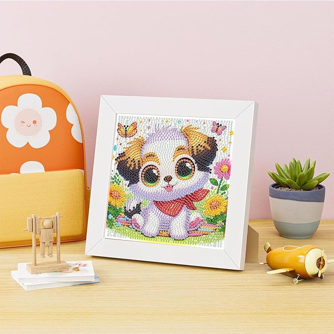 Dog Diamond Art Painting Kits for Kids with Frame, Animal Diamond Art for Kids Ages 4-8-12 with Frame, Easy Small Cute Gem Painting Kit for Gift Home Wall Decoration (7x7 inch)