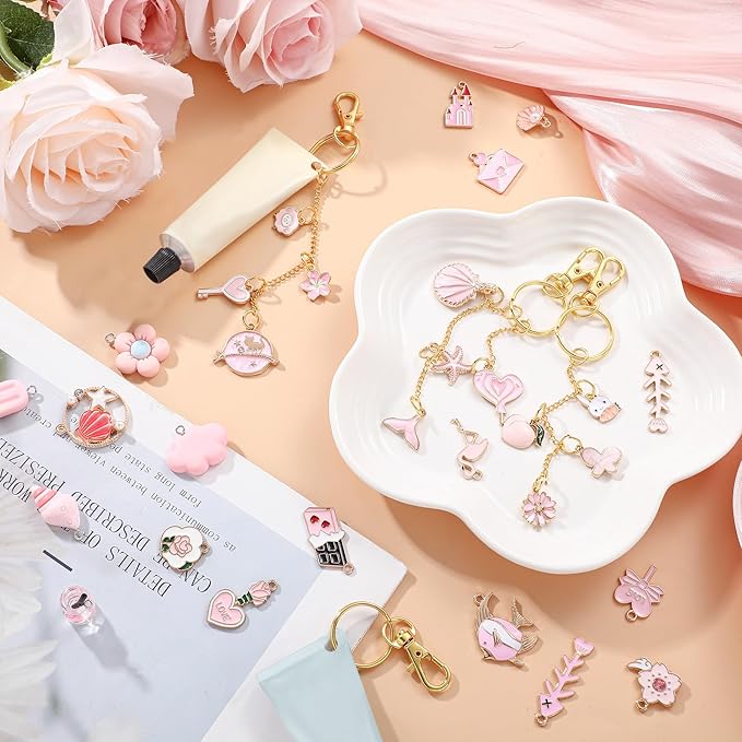 VioraWhite 213 Pcs Valentines Lip Gloss Keychain Making Kit 100 Pink Enamel Charms 32.81 ft Gold Chains for Galentines DIY Crafts Women(Elegant)