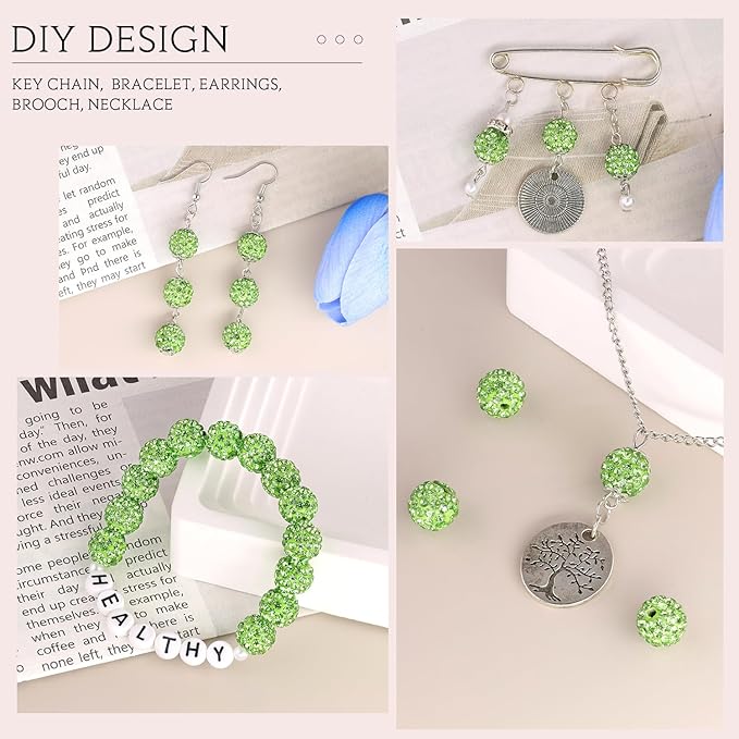 200pcs 10mm Light Green Rhinestone Beads for Jewelry Making, Shiny Round Shamballa Disco Ball Beads, Sparkle Crystal Clay Christmas for Bracelet Baseball Necklace Earring Crafting and DIY