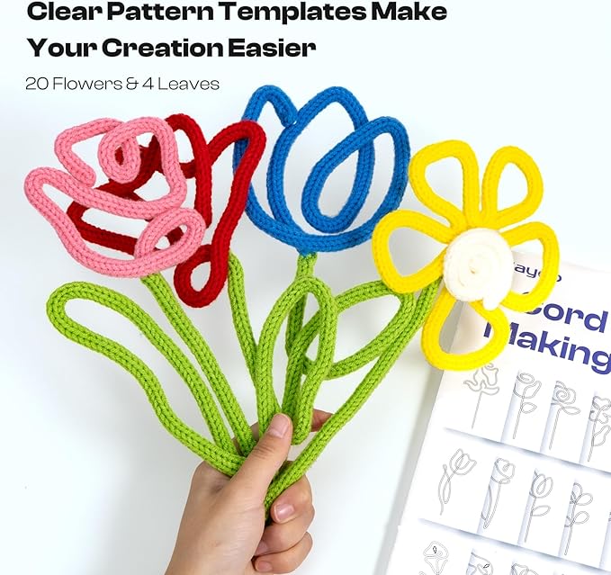 Caydo i Cord Flower Making Kit with 20 Flowers & 4 Leaves Templates, 10pcs Yarn and 82ft Craft Wire Kits for Beginner, DIY Florals Handicraft Making Kit, Learn to Knitting iCord with i Cord Maker Tool