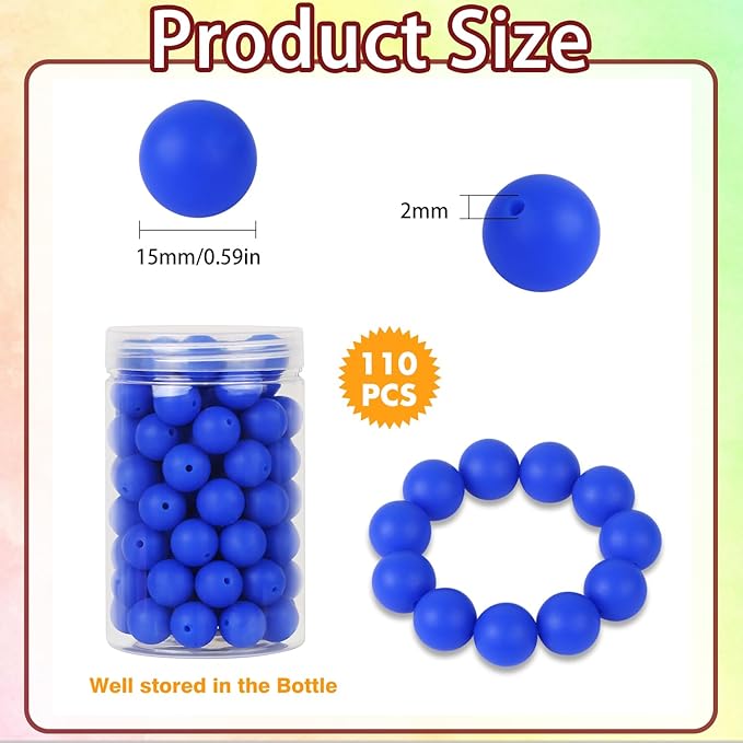 110 Pcs Silicone Focal Beads, EVERMARKET 15mm Silicone Beads for Keychain Making, Round Silicone Beads Bulk with Bottle, Rubber Loose Beads for Pens Crafts Necklace Bracelet Lanyard (Royal Blue)
