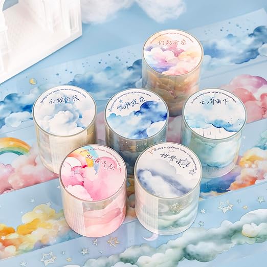 Dreamy Cloudscape PET Tape Set, 6 Rolls of Sky-Themed Stickers for Scrapbooking, Junk Journaling, DIY Crafts, and Art Supplies
