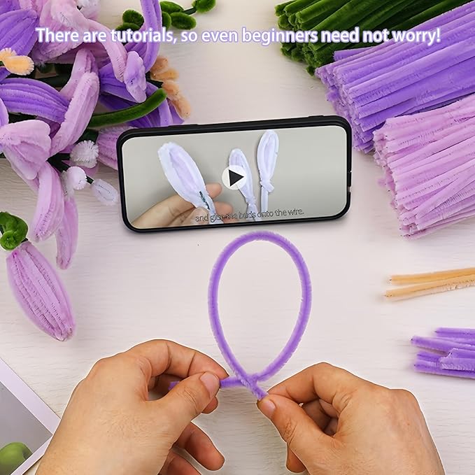 HUEYTON DIY Lily Bouquet Making Kit with 440pcs Pipe Cleaners, Purple - Themed Chenille Stems & Decorative Accessories, Perfect for Craft Projects, Party Decorations & Handmade Presents