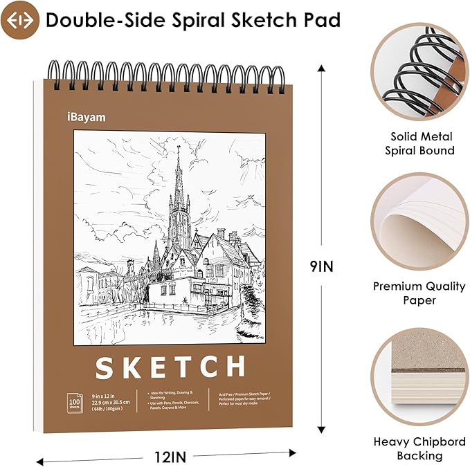 iBayam 9" x 12" Sketch Book Set, 2-Pack Spiral Bound Drawing Paper, 200 Sheets (68lb/100gsm) Premium Sketchbook, Acid-Free Art Drawing Painting Sketching Pad Supplies for Kids, Teens, Adults, Artists