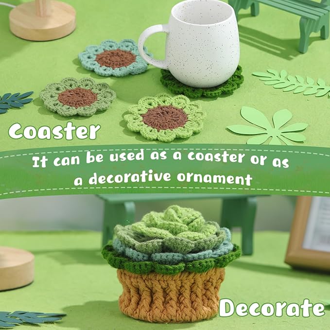 LUNARM Crochet Kit for Beginners, Crochet Start Kit Green Plant Coasters with Step-by-Step Video Tutorials, Easy-to-Learn Knitting with Hook and Yarn, Beginner-Friendly