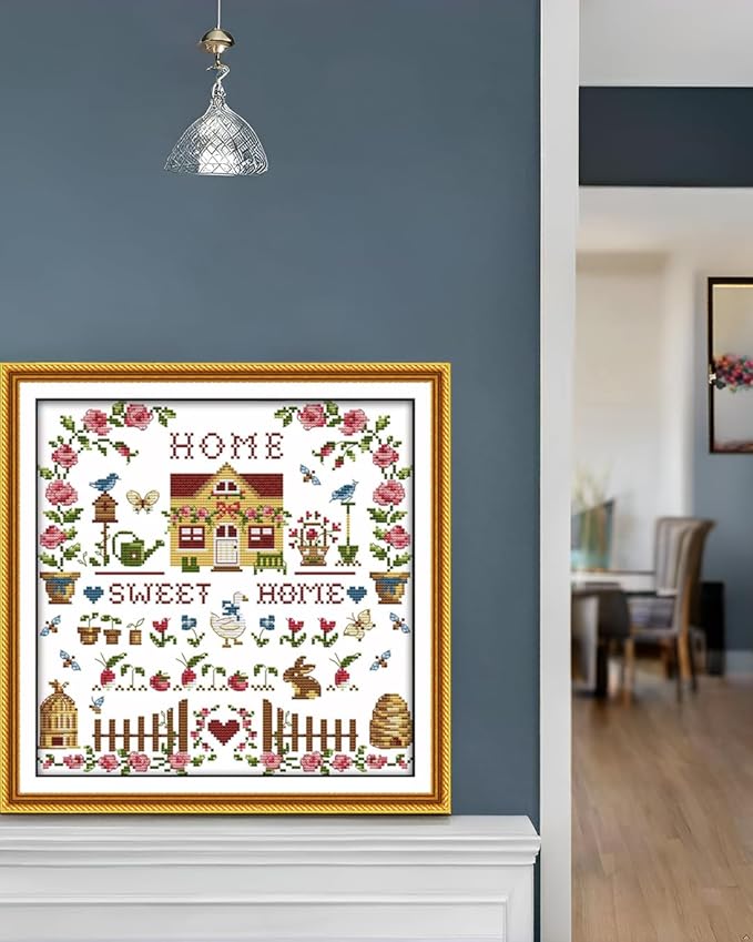 CaptainCrafts New Cross Stitch Kits Embroidery Kit Full Range Pre-Printed and Counted Fabrics Kits for Adults Beginners Home Decor (Stamped 14CT, Sweet Home)