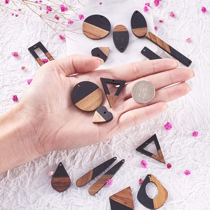 Beadthoven 20pcs/10 Pairs Black Natural Wood Resin Charms DIY Earrings Pendants Mixed Shapes Wooden Pieces Pendants for Statement Jewelry Making Findings