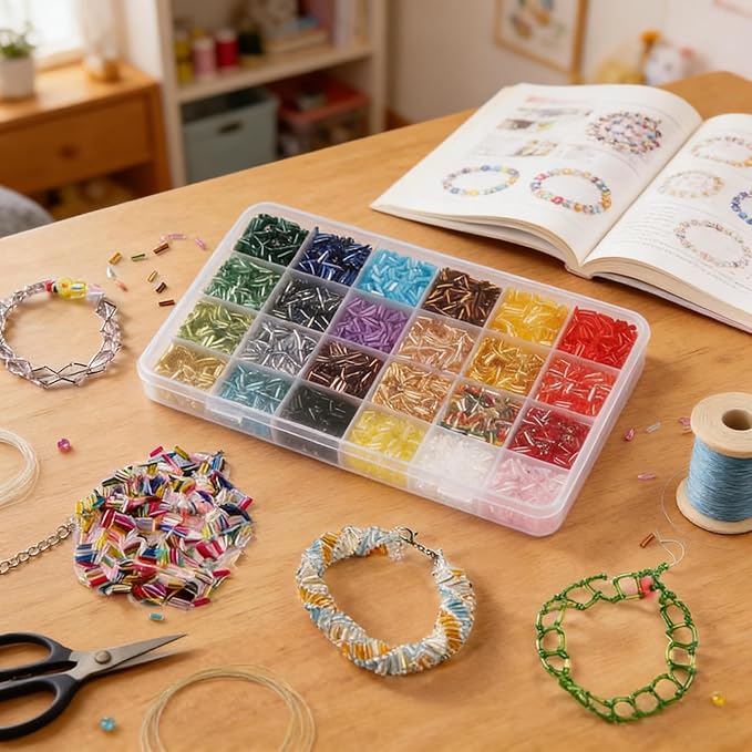 24 Colors 7.6 Oz Tube Beads Kit, 0.24 Inch × 0.08 Inch Glass Bugle Seed Small Craft Beads, for DIY Bracelet Necklaces Jewelry Making Embroidery Decoration