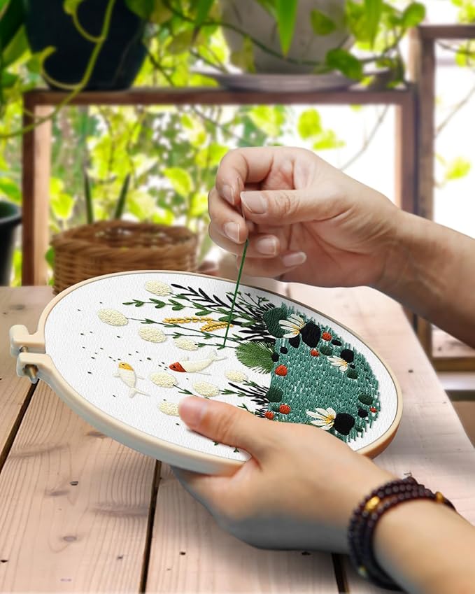 TINDTOP 5 Pack Embroidery Kit for Adult Beginners, Embroidery DIY Starter Kit, with Fish World Stamped Patterns, Hoop, Tools, Colorful Threads with Needles, Instructions