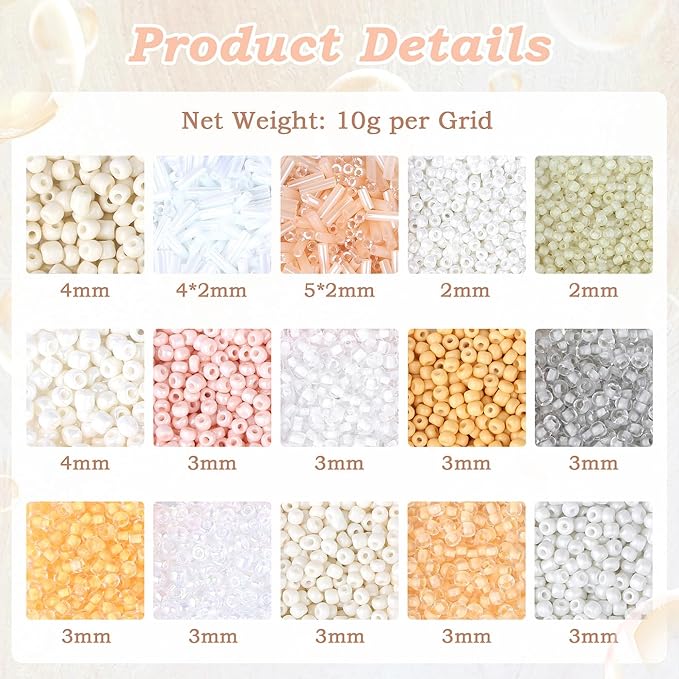 DUQGUHO 4mm Glass Seed Beads Kit Off-White Beads for Jewelry Making 15 Color 3mm 2mm Small Plastic Tube Bead for Bracelets Craft DIY