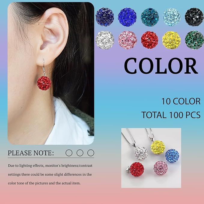 Grade A 10 Color Rhinestone Beads for Baseball Necklace-Round Disco Ball Beads Rhinestone Clay Bead for Earring Jewelry Making,Necklace Bracelet,DIY Craft Supplies 10mm (100 pcs)