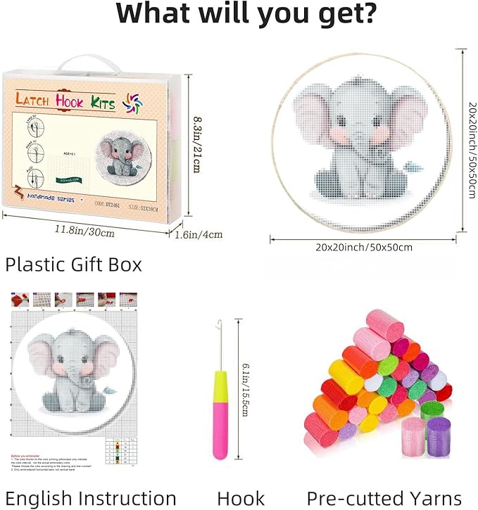 Latch Hook Rug Kit Cute Baby Elephant Stamped Handmade Round Shape Carpet Crochet Yarn Craft DIY Hook and Latch Door Mat Tapestry for Home Floor Decor 50x50cm(3)