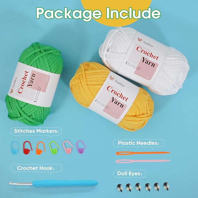 Crochet Yarn for Beginners, 3 Skeins × 1.75 oz Beginner Yarn for Crocheting & Knitting, Amigurumi Easy Yarns, Dinosaur Crochet Kit, Easy-to-See Stitches, Worsted Medium # 4, Cotton-Nylon Blend