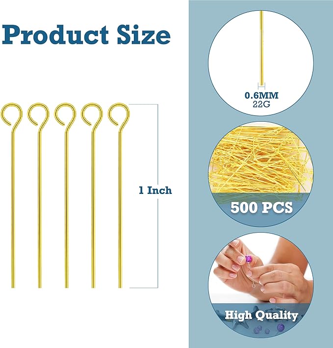 Mandala Crafts 500 1 Inch Gold Eye Pins for Jewelry Making Earring Making Supplies Jewelry Findings Open Eye Head Pins for Earrings DIY Bracelets Rosary Charms