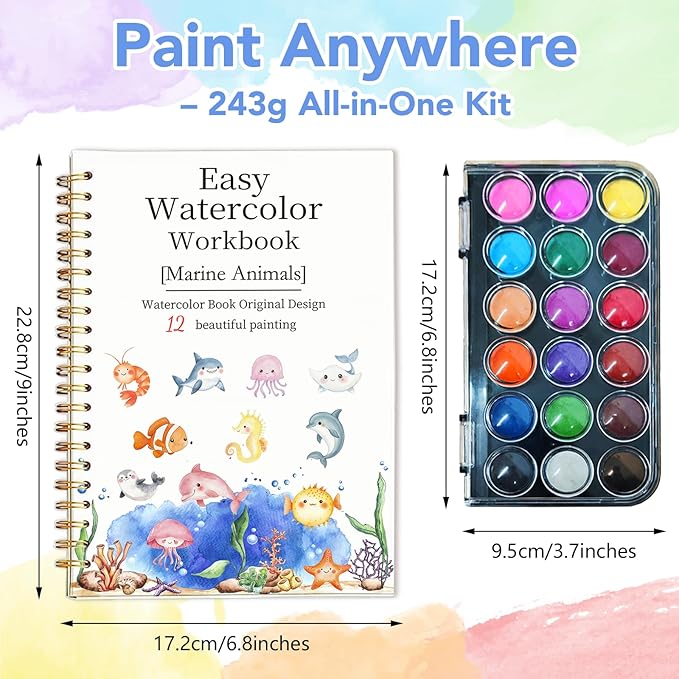 Easy Watercolor Workbook for Beginners - 12 Beautiful Step-by-Step Paintings Water Coloring Book, Includes 18 Colors Paints, Relaxing Art Projects and Creative Gift for Adults & Teen (Marine Animals)