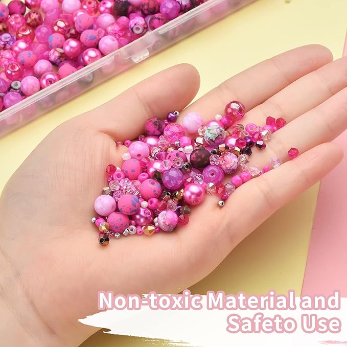 Rired 27 8mm Round Glass Beads Kit, Craft Beads for Bracelet Making, Hot Pink Color with 4mm Bicone Crystal Beads, 2-4mm Spacer Seed Beads for Jewelry Making, Necklace, Phone Charms, DIY Earrings