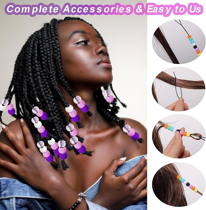 120Pcs 14mm Large Silicone Beads for Hair Braids, Soft Jellyish Hair Beads with 7mm Hole + 50 Rubber Bands and 1 Beader for Braiding, DIY Bracelets Necklaces Crafts(Purple)