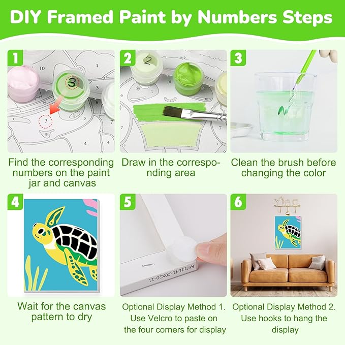 KEYIFA 4 Pack Framed Paint by Numbers Kit for Kids Age 6-12, Easy Animal Paintings for Adult Beginner, Framed Acrylic Canvas Painting for Home Decor Children Gift, 8x10 in (Deer+Turtle+Lion+Leopard)