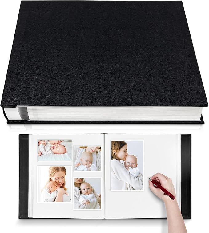 Large Photo Album Self Adhesive 4x6 5x7 6x8 8x10 Pictures Scrapbook Magnetic Album DIY Scrap Book 60 Sticky Pages Linen Cover DIY Photo Album with A Metallic Pen and DIY Accessories(Black), 11"x10.8"60 Pages