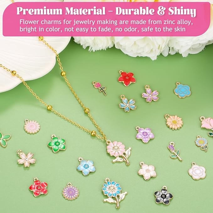 Mckanti 150Pcs 75 Pairs Spring Flower Charms for Jewelry Making and Bracelets, Wholesale Floral Assorted Enamel Mixed Bulk Metal Charms for DIY Necklace Bracelet Earring Jewelry Making and Crafting