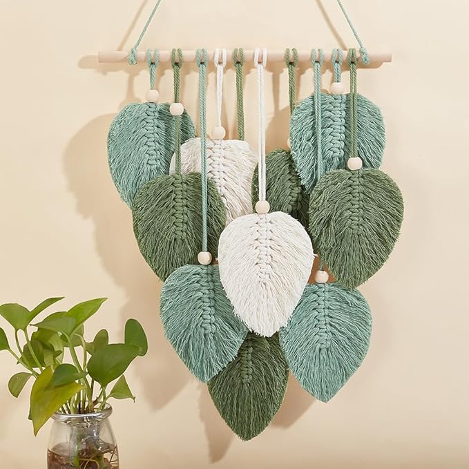 FREEBLOSS 2 Set DIY Macrame Leaf Wall Hanging Beginners Macrame Kit Leaf Woven Tapestry Feather Wall Hanging DIY Macrame Kit for Adults Birthday Gift