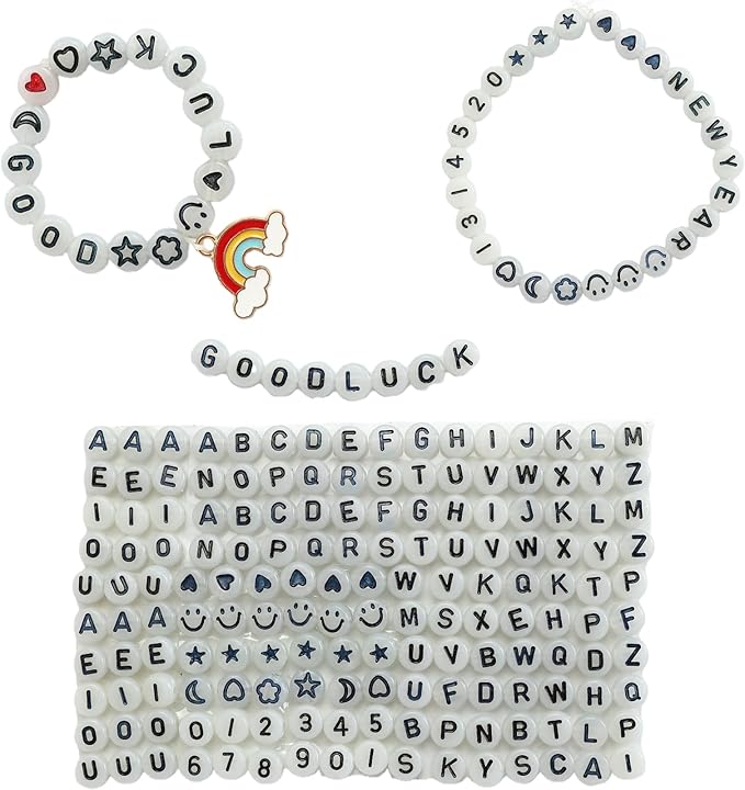 nikkiGuo 1250 PCS Letter Beads Kit with Elastic Cord – Alphabet A–Z, Numbers, Heart, Moon, Star, Smiley Beads for Friendship Bracelets & DIY Jewelry (Glow in The Dark & Black Letters)