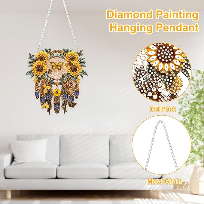 TOSTOG Sunflower Dream Catcher Diamond Art Hanging Kits for Adults, Diamond Painting for Adults Window Pendant, Special Shape Diamonds Diamond Painting Hanging Pendant Kit for Wall Home Decor Gift