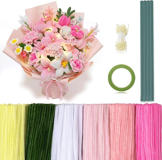 Peryiter 371 Pipe Cleaners Flowers Set, Mixed Colors Chenille Stems Bulk with Floral Wires, Gardening Tape, Stamen for DIY Flower Making Kit, Gift Idea for Mother's Day(Pink, Green, Yellow)
